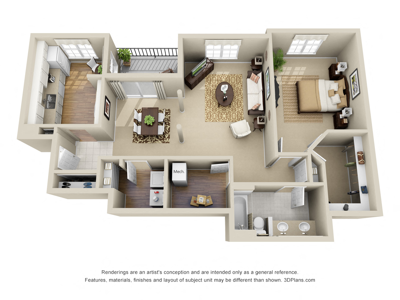 Floor plan for 1 bed, 1 bath, 1069 sqft